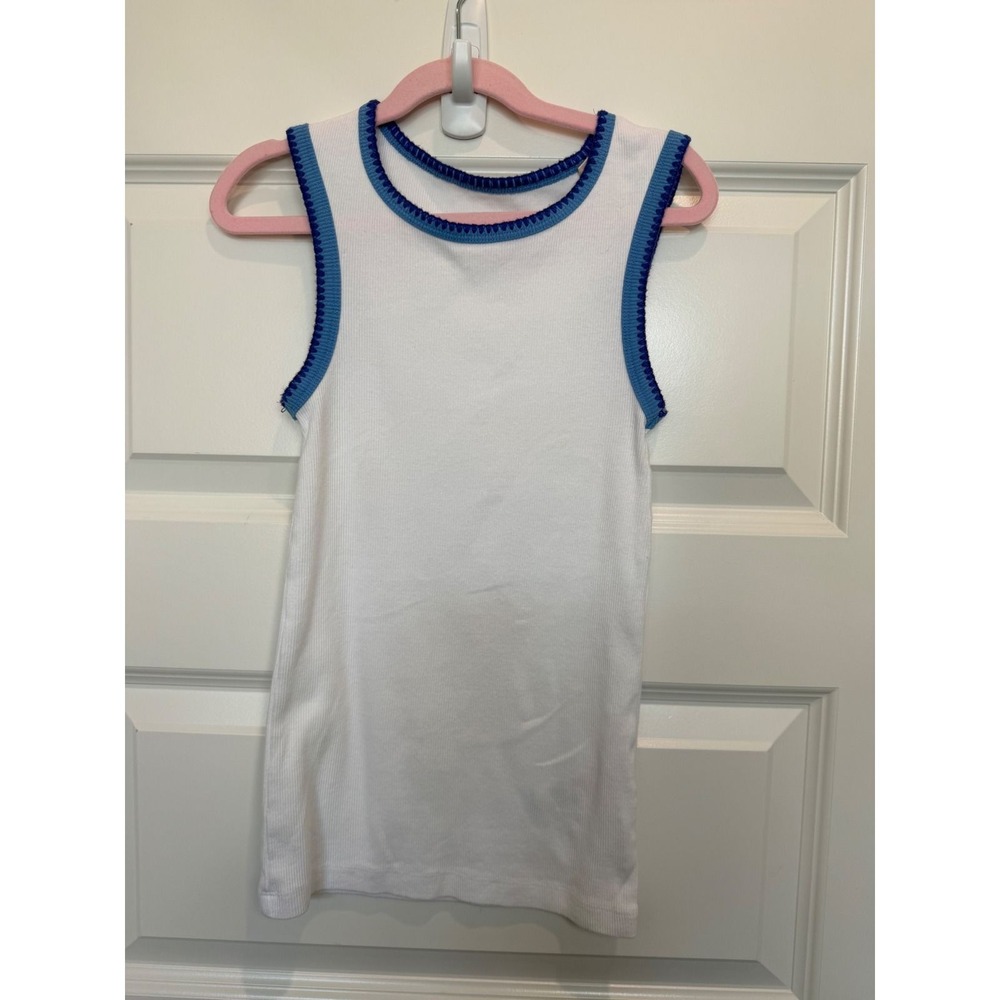 21.Mini Boden Kids White Ribbed Tank Top Blue Crochet Trim Size 10-11 Years